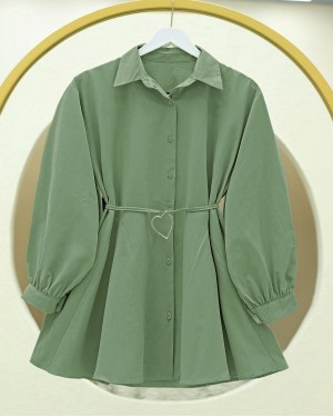 Parça Kumaşlı Düğmeli Poplin Tunik      -Haki