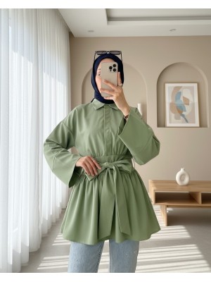Yarım Düğmeli Beli Bağlamalı Yanı Fermuarlı Tunik   -Çağla Y.
