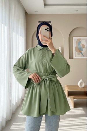 Half Buttoned Waist Tie Side Zipper Tunic   -Cagla Green