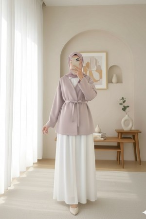 Beli Kuşaklı V Yaka  Scuba Kimono  -Bej