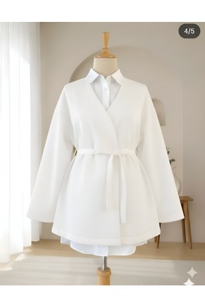 كيمونو سكوبا برقبة على  شكل حرف V وحزام -أبيض