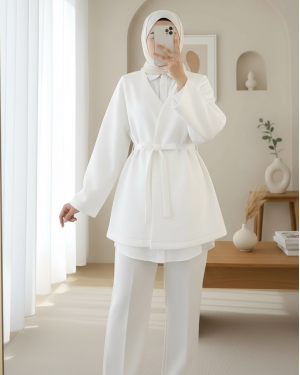 Beli Kuşaklı V Yaka  Scuba Kimono  -Beyaz