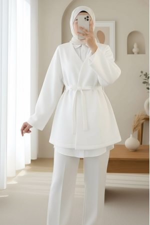 Beli Kuşaklı V Yaka  Scuba Kimono  -Beyaz