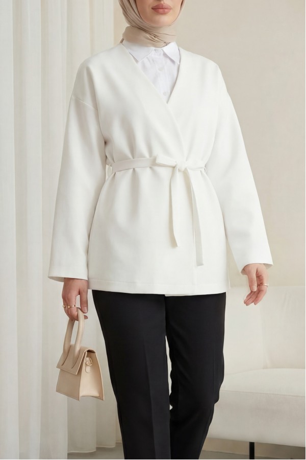 Beli Kuşaklı V Yaka  Scuba Kimono  -Beyaz
