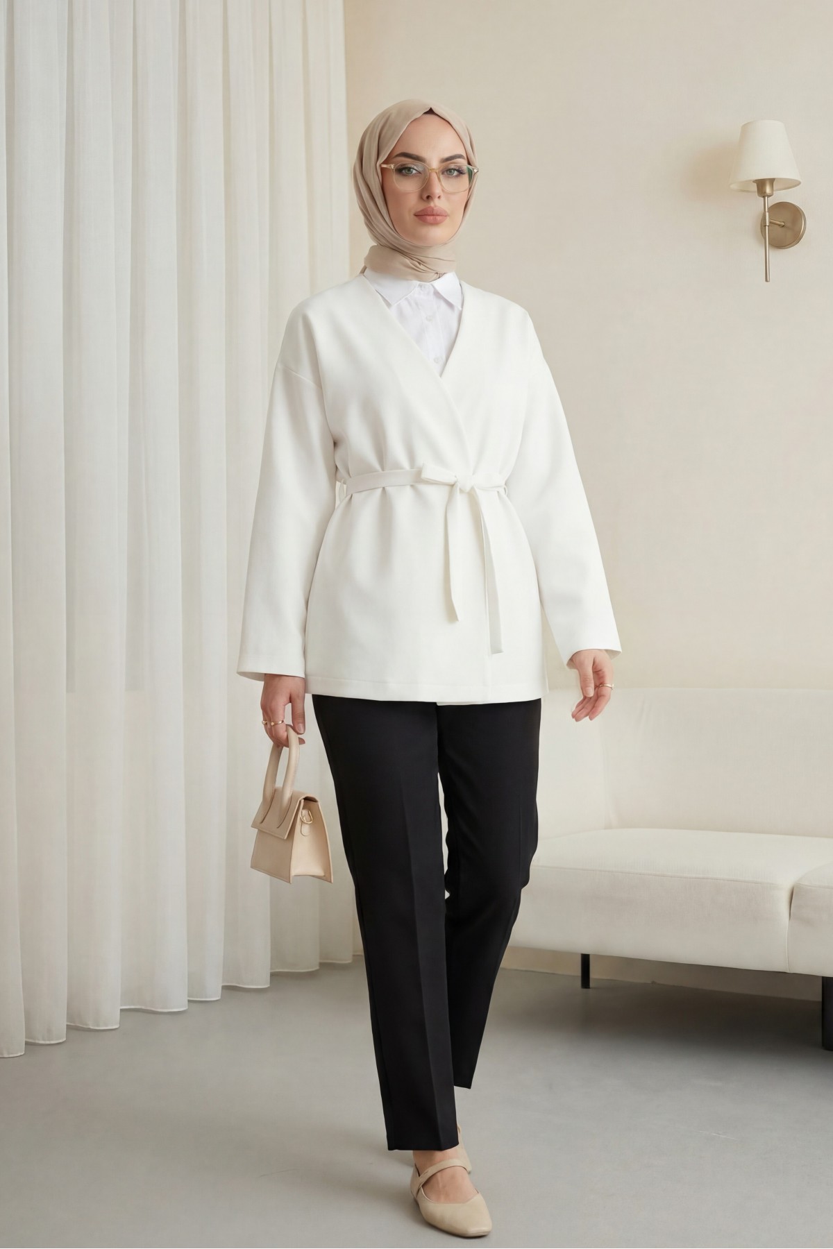 Beli Kuşaklı V Yaka  Scuba Kimono  -Beyaz