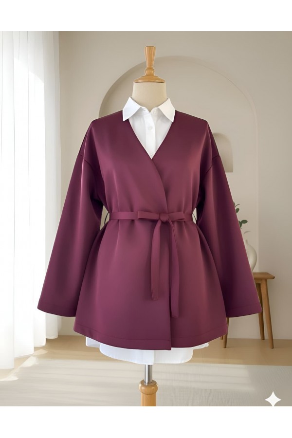 Beli Kuşaklı V Yaka  Scuba Kimono  -Bordo