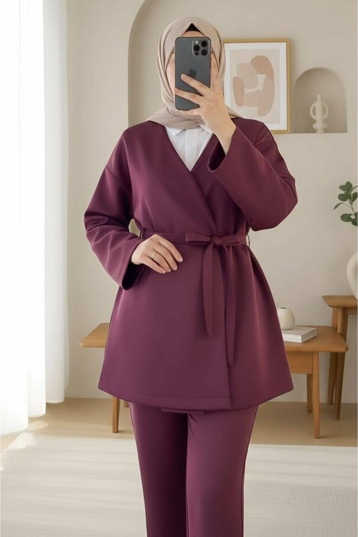 Belted  V-Neck Scuba Kimono -Maroon