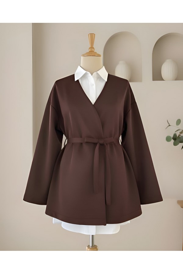 Beli Kuşaklı V Yaka  Scuba Kimono  -Kahve