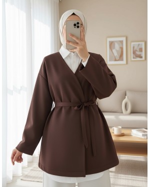 Beli Kuşaklı V Yaka  Scuba Kimono  -Kahve