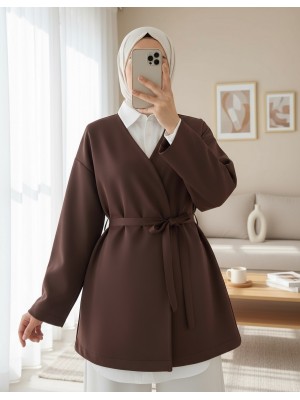Beli Kuşaklı V Yaka  Scuba Kimono  -Kahve