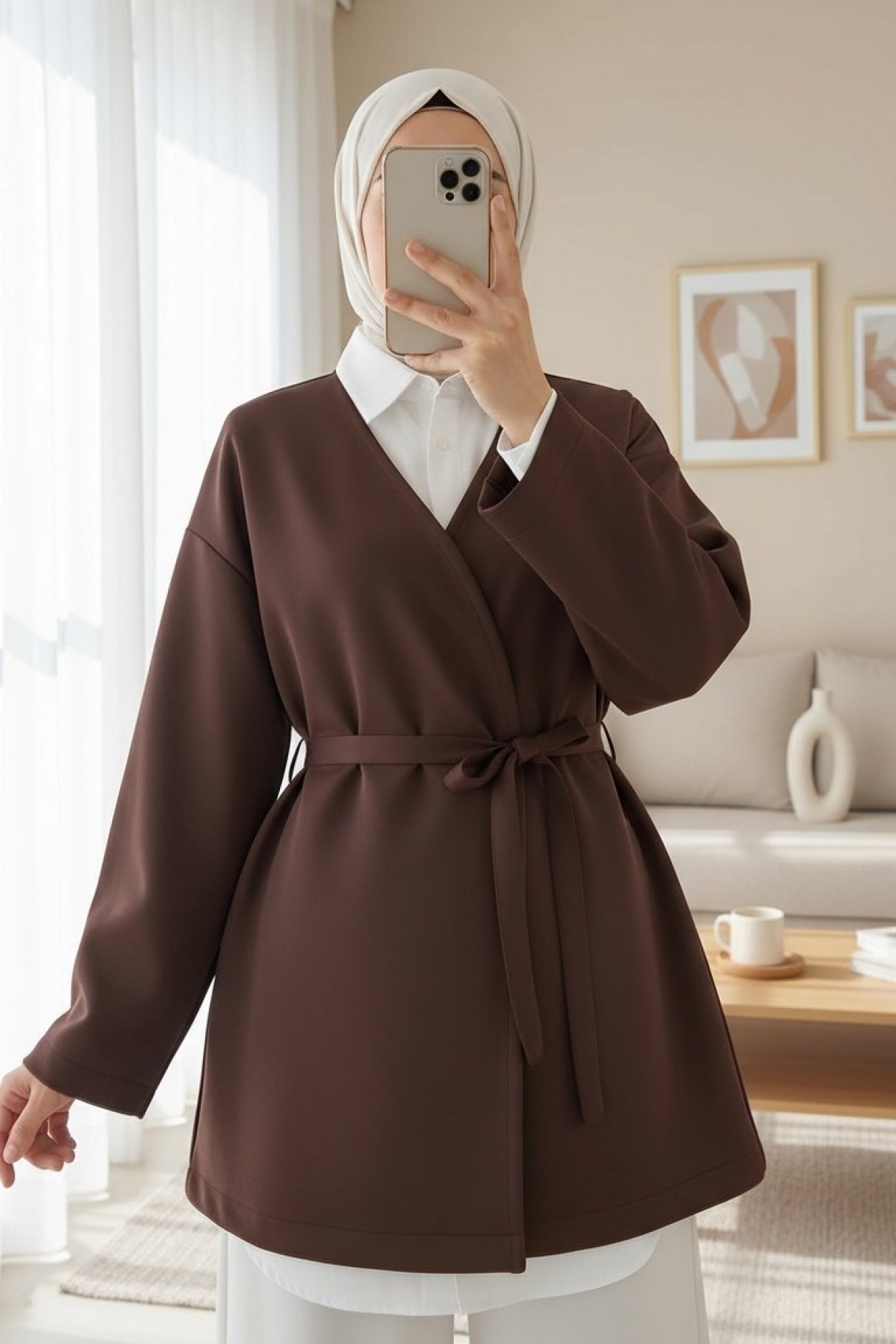 Belted  V-Neck Scuba Kimono -Brown
