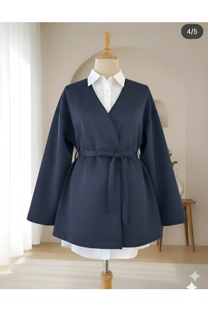 كيمونو سكوبا برقبة على  شكل حرف V وحزام -كحلي