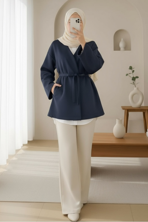 Beli Kuşaklı V Yaka  Scuba Kimono  -Laci