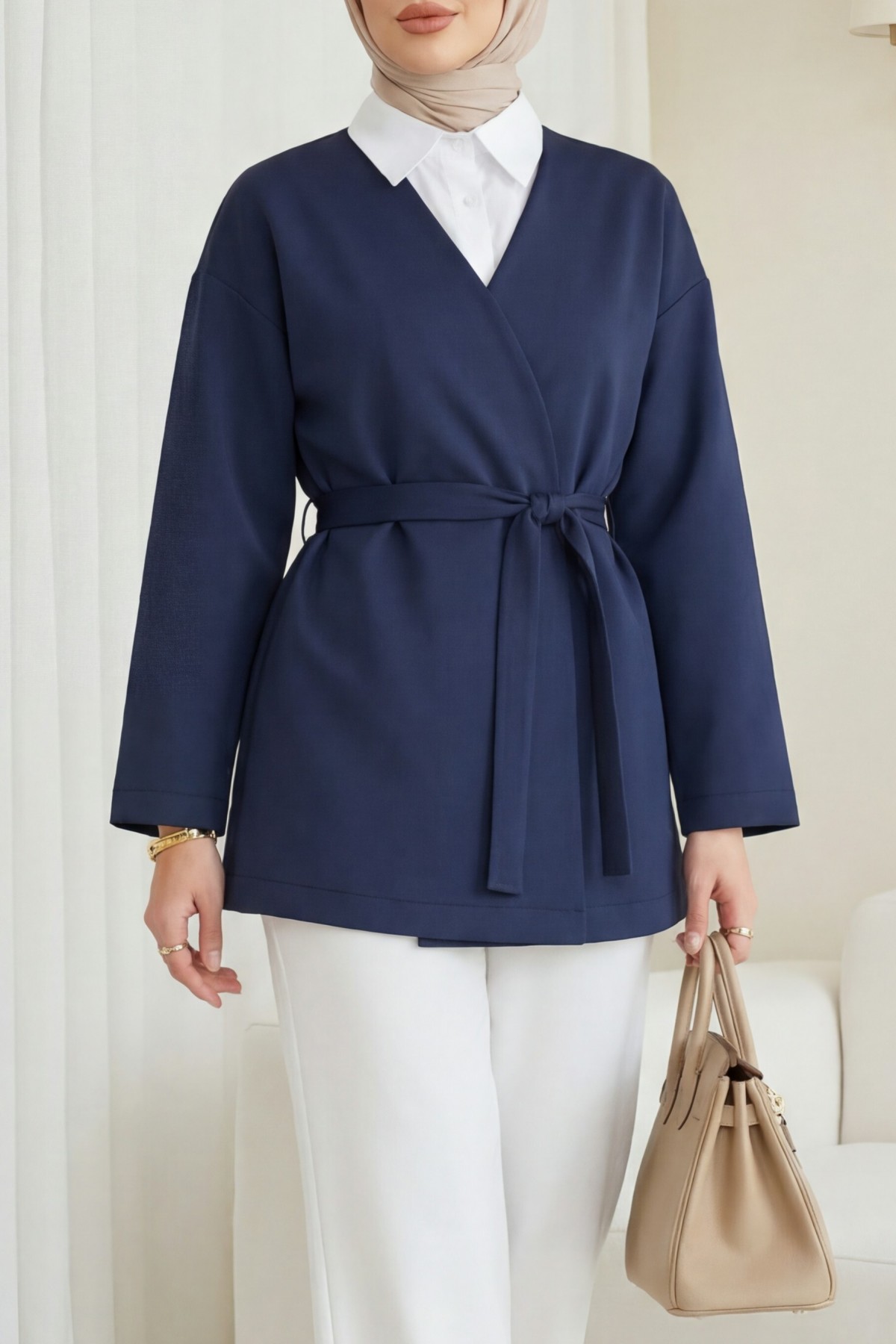 Belted  V-Neck Scuba Kimono -Navy blue