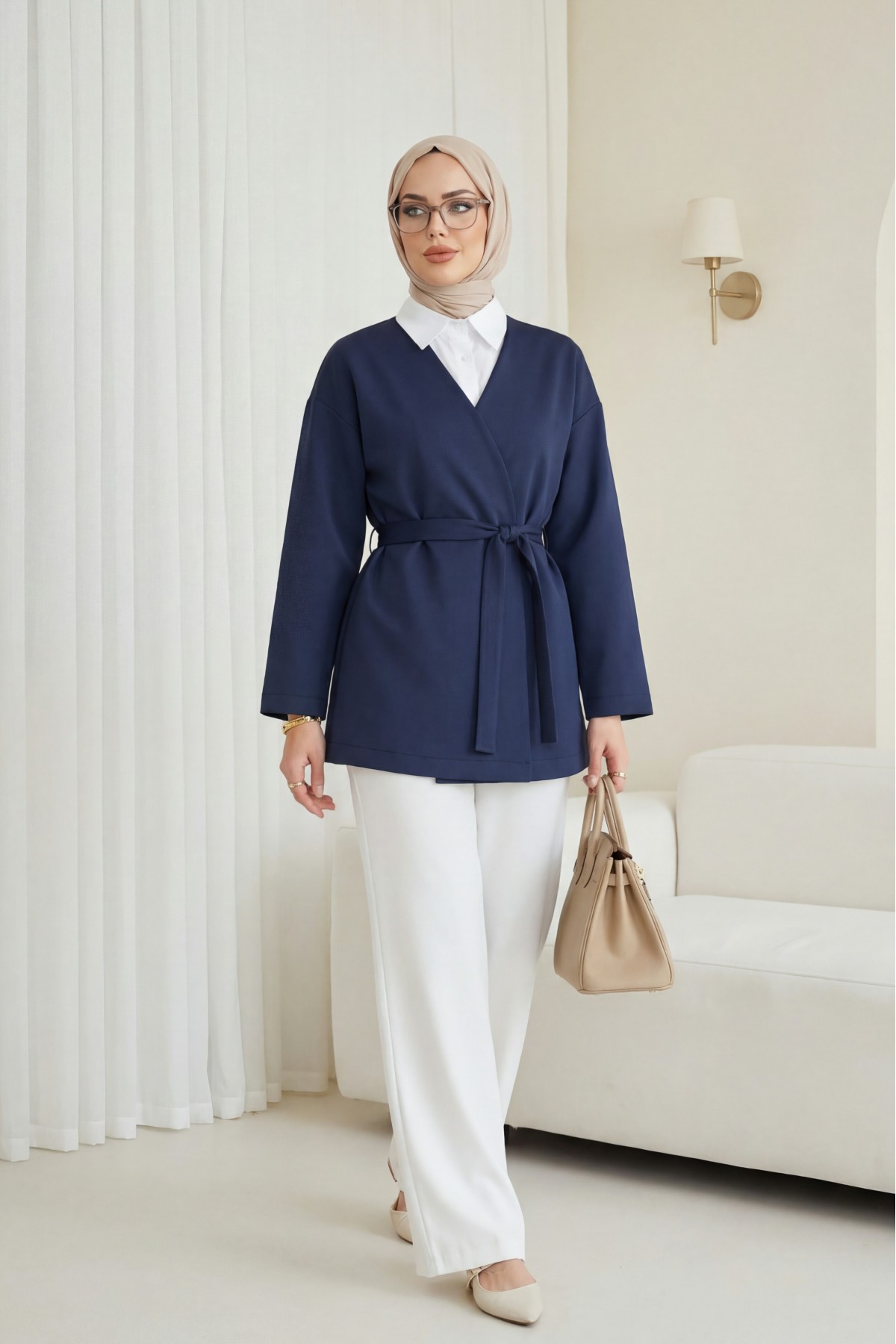 Belted  V-Neck Scuba Kimono -Navy blue