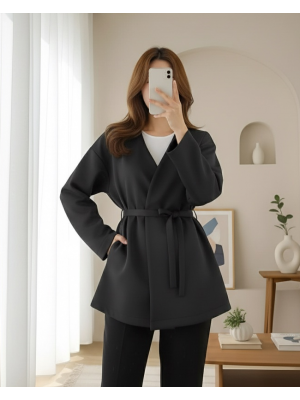 Beli Kuşaklı V Yaka  Scuba Kimono  -Siyah