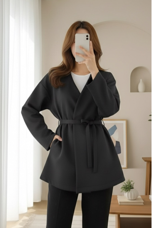 Beli Kuşaklı V Yaka  Scuba Kimono  -Siyah