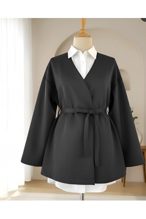 كيمونو سكوبا برقبة على  شكل حرف V وحزام -أسود