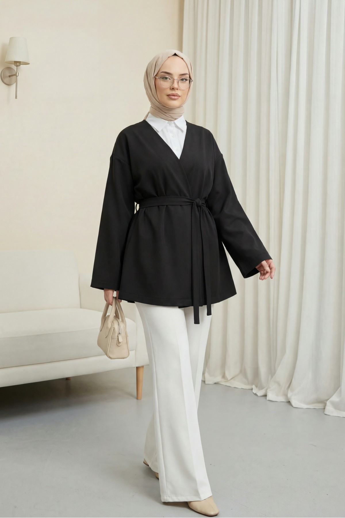 Belted  V-Neck Scuba Kimono -Black