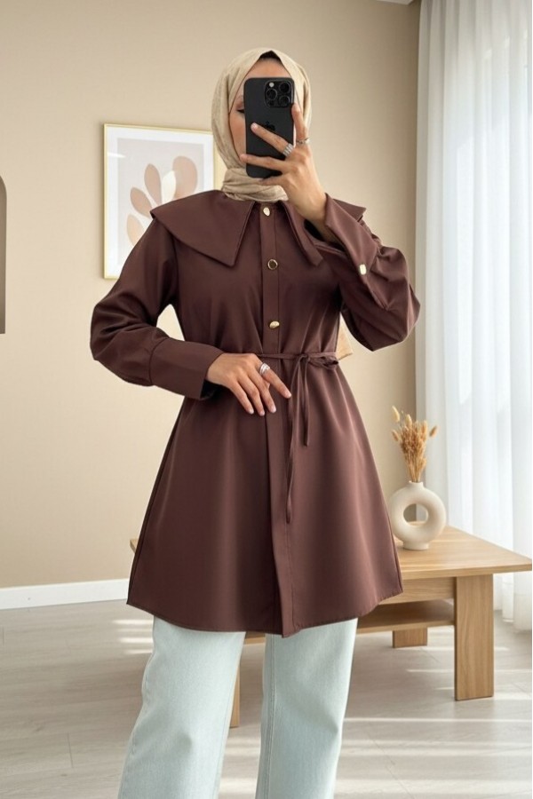 Wide Collared Waist-Tied Bonding Cape -Brown
