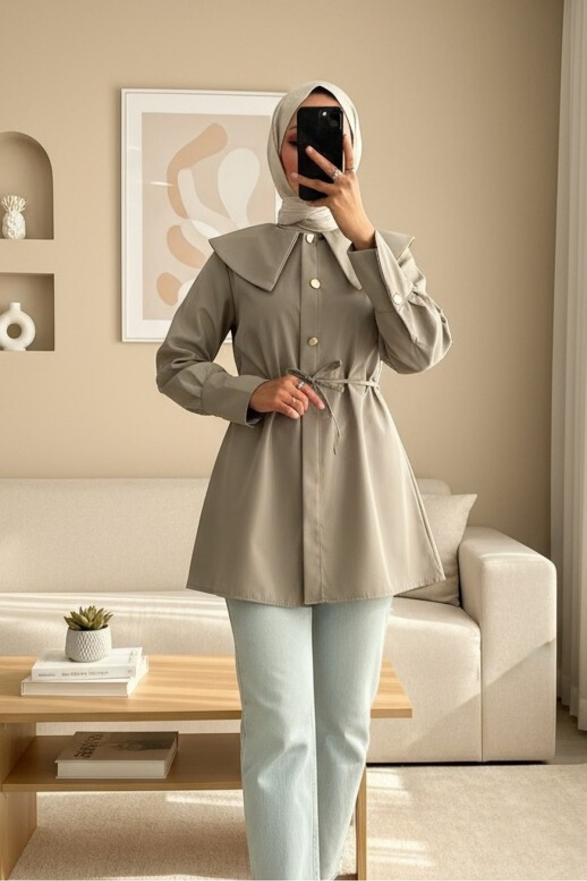 Wide Collared Waist-Tied Bonding Cape -Mint Color