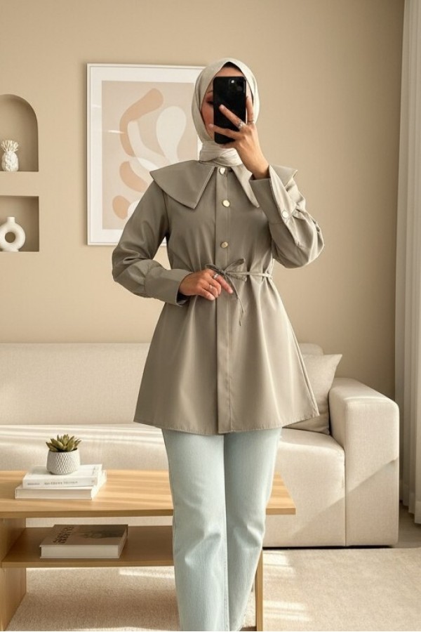 Wide Collared Waist-Tied Bonding Cape -Mint Color