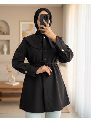 Geniş Yakalı Beli Bağlamalı Bonding Kap -Siyah