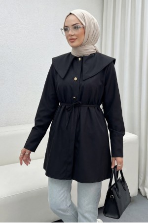 Geniş Yakalı Beli Bağlamalı Bonding Kap -Siyah