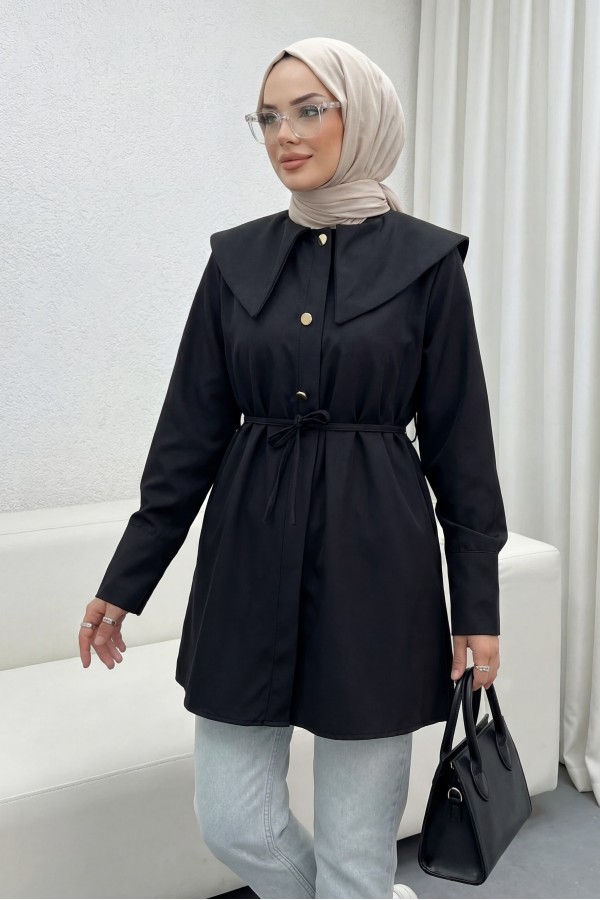 Wide Collared Waist-Tied Bonding Cape -Black