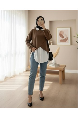 طقم أويشو توب مع قميص وبوليرو  -بنى
