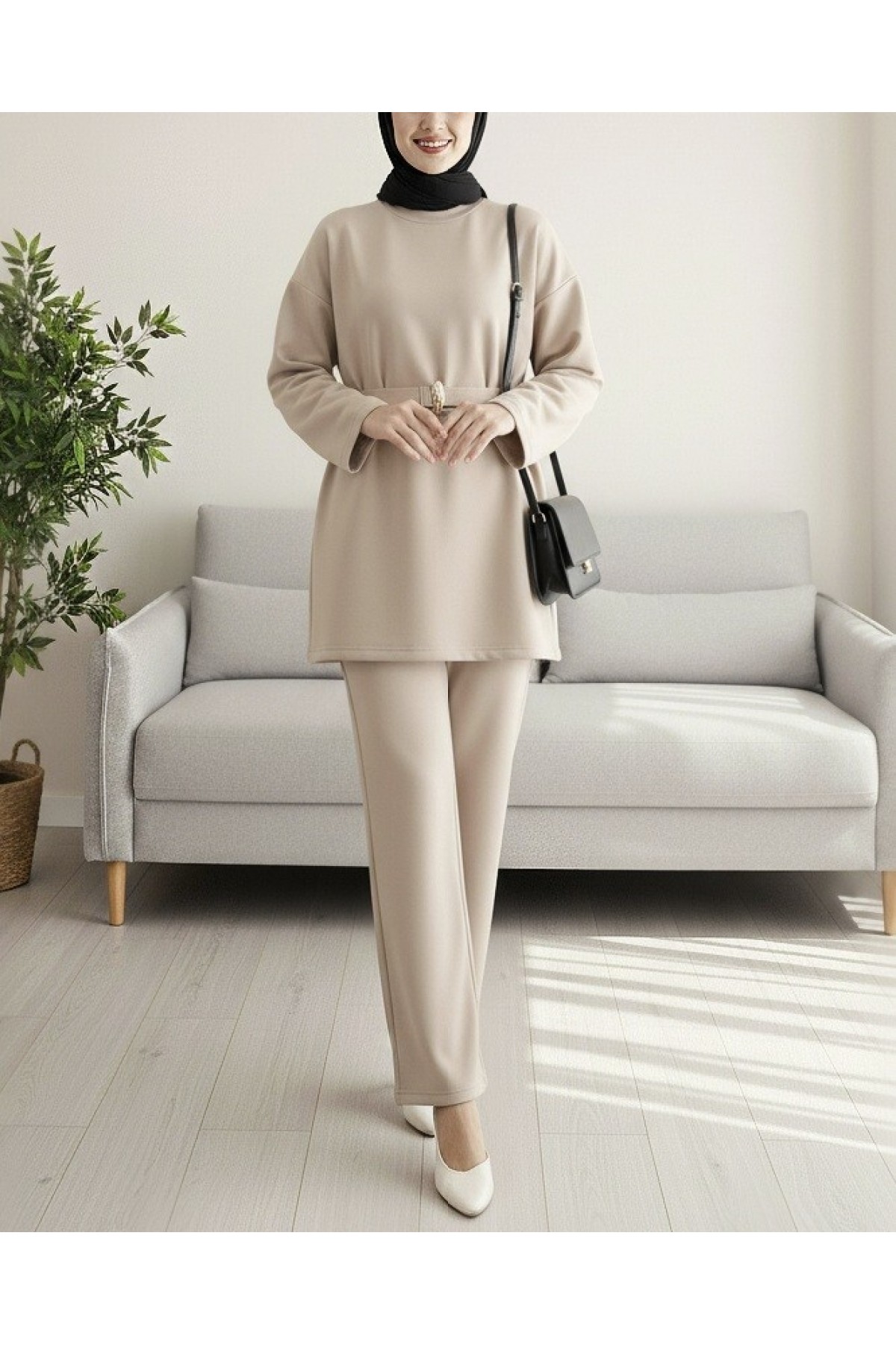 Round Neck Belted Scuba Suit - Beige