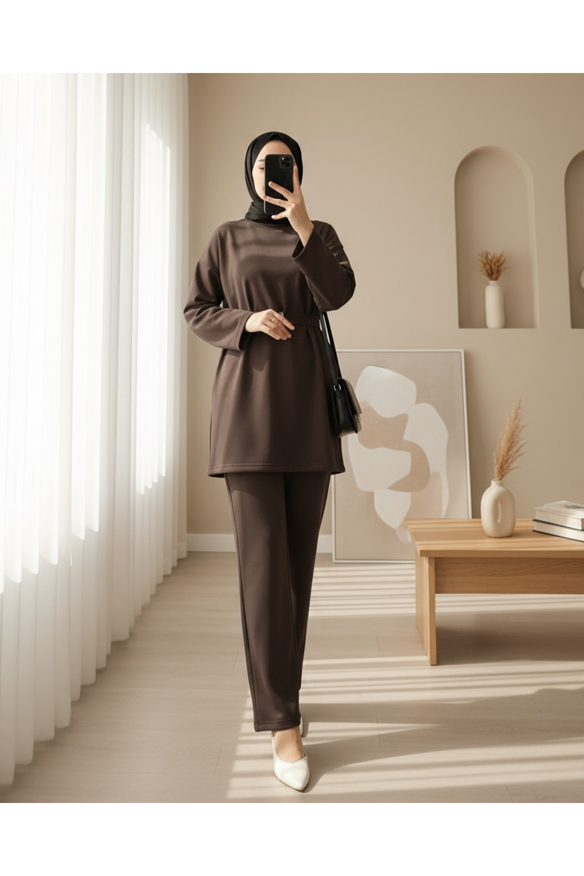 Round Neck Belted Scuba Suit -Dark Coffee