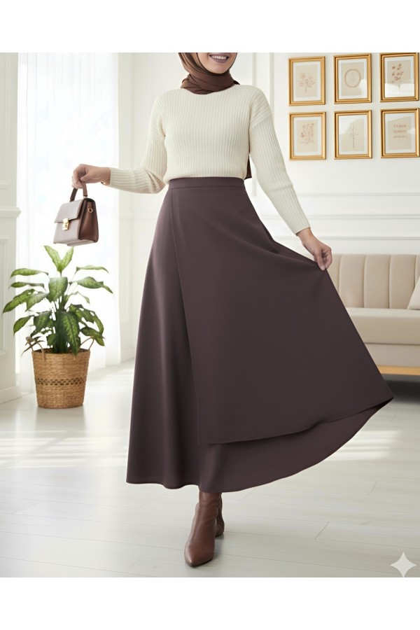 Cross Front Double Layer Scuba Skirt -Dark Coffee