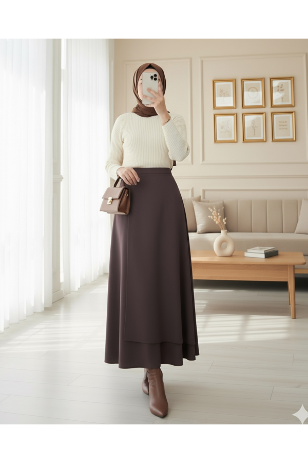 Cross Front Double Layer Scuba Skirt -Dark Coffee