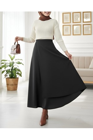 تنورة غوص مزدوجة الطبقات من الأمام المتقاطع -أسود