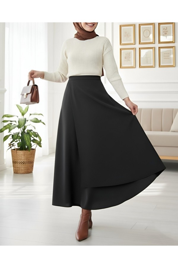 Cross Front Double Layer Scuba Skirt -Black
