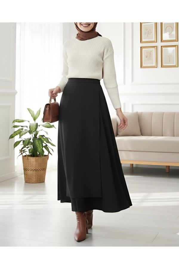 Cross Front Double Layer Scuba Skirt -Black