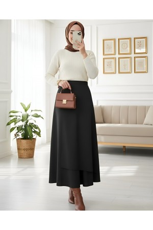 Cross Front Double Layer Scuba Skirt -Black