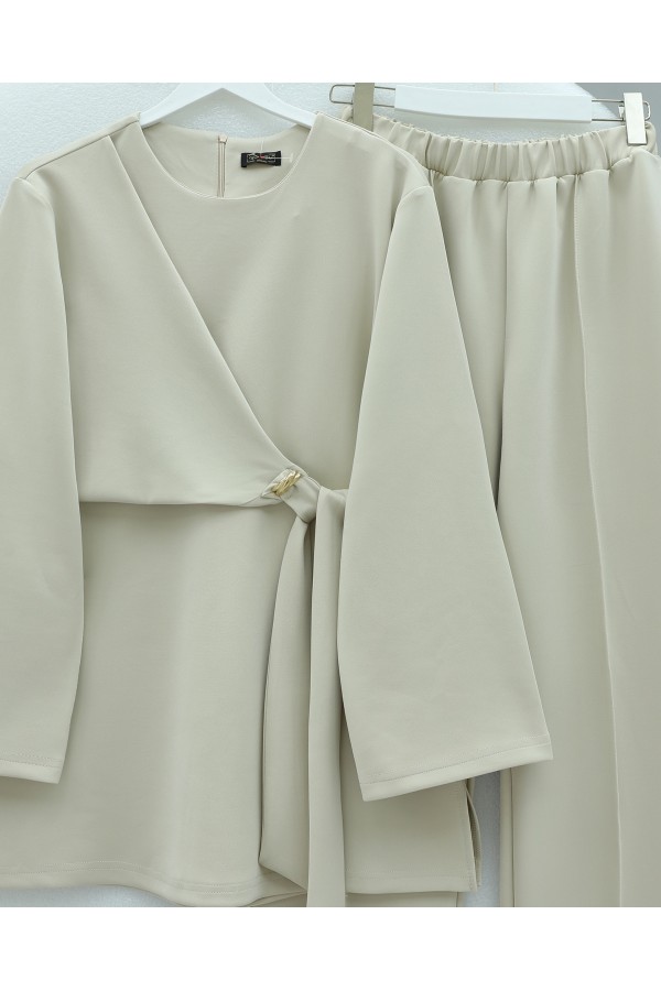 Scuba Suit with Cross Front and Slit - Beige