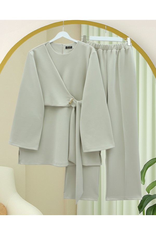 Scuba Suit with Cross Front and Slit - Beige