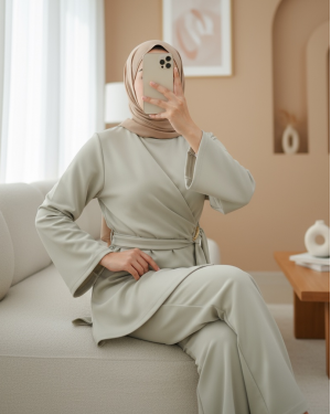 بدلة غوص ذات واجهة أمامية متقاطعة وشق -اللون البيج