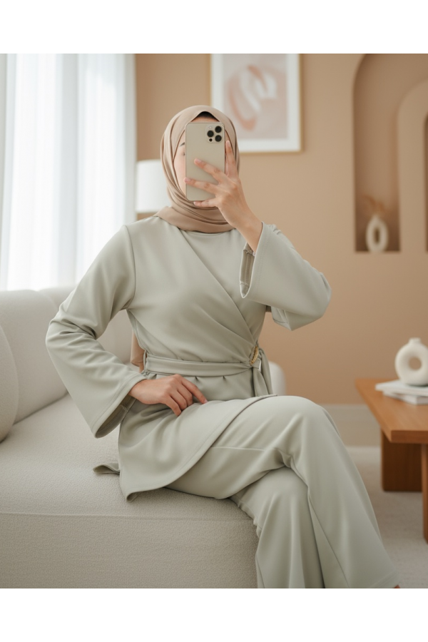 Scuba Suit with Cross Front and Slit - Beige