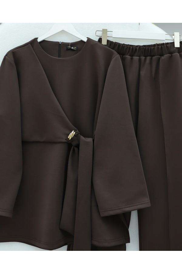 Scuba Suit with Cross Front and Slit -Dark Coffee