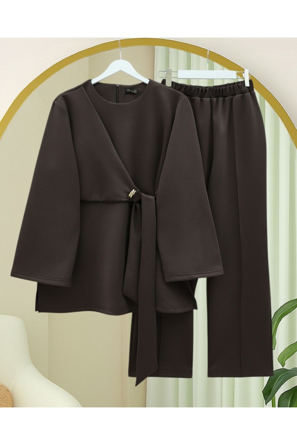 Scuba Suit with Cross Front and Slit -Dark Coffee