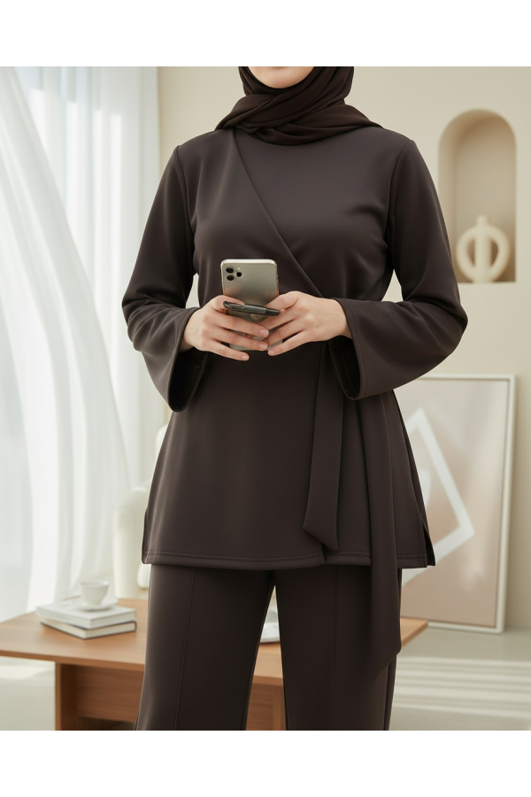 Scuba Suit with Cross Front and Slit -Dark Coffee
