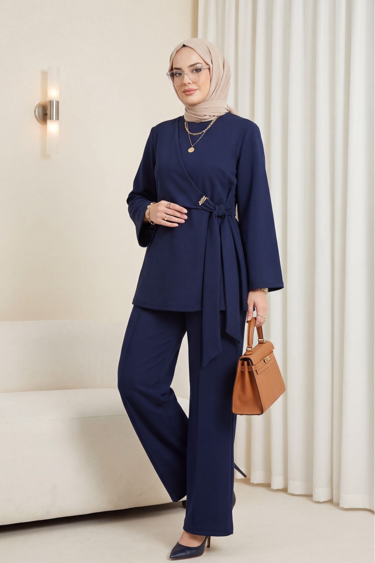 Scuba Suit with Cross Front and Slit -Navy blue