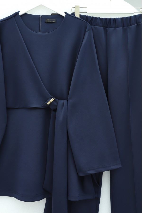 Scuba Suit with Cross Front and Slit -Navy blue