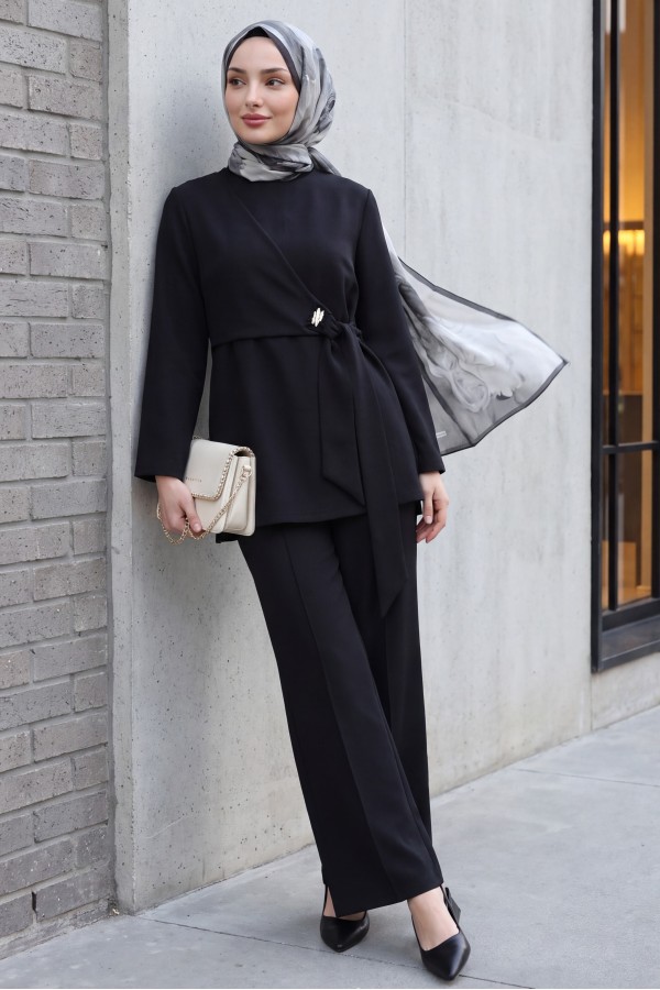 Scuba Suit with Cross Front and Slit -Black