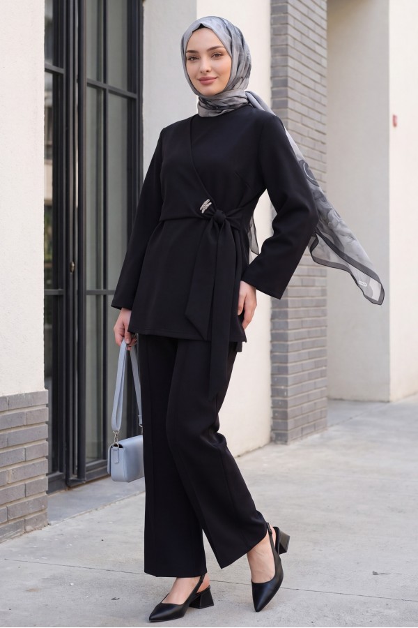 Scuba Suit with Cross Front and Slit -Black