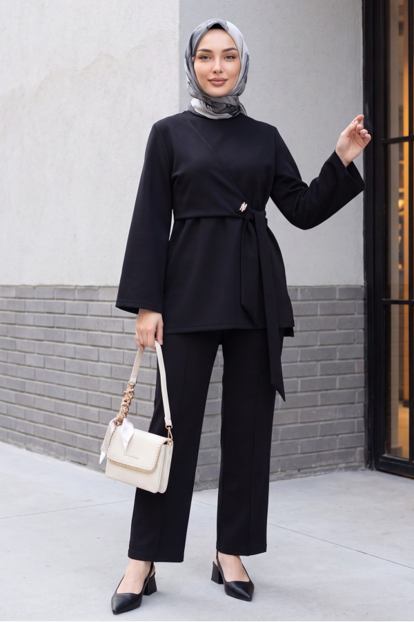 Scuba Suit with Cross Front and Slit -Black